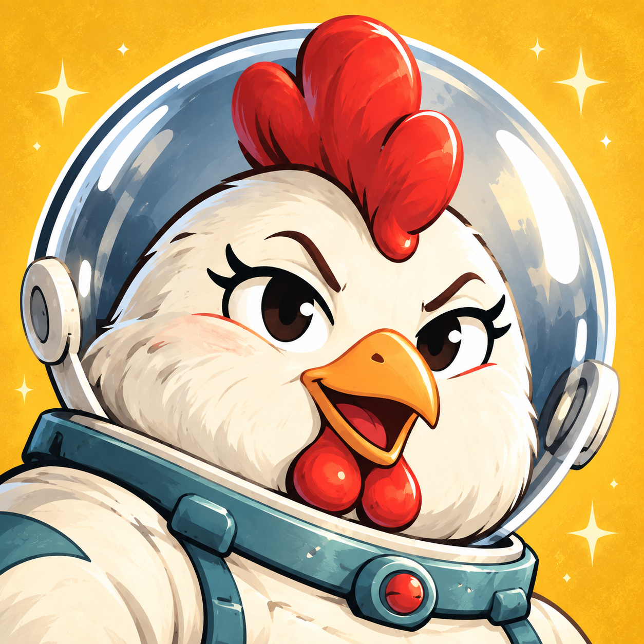 Tina, a very confident chicken astronaut in a cream and teal spacesuit